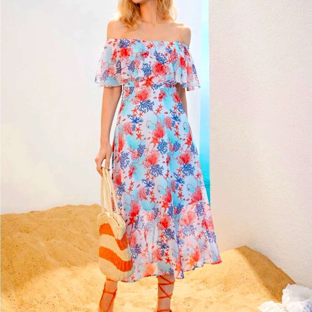 Starfish Print Off Shoulder Ruffle Trim Chiffon Dress xs shein Midi
